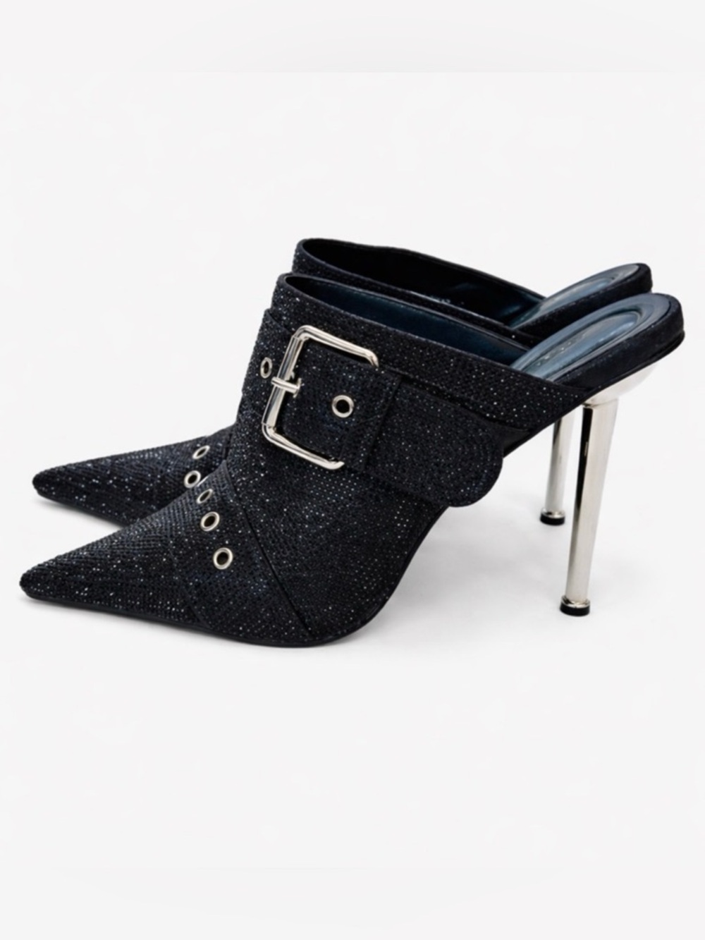 AKIRA Black Sparkle Pointed Mule Heels with Silver Buckle